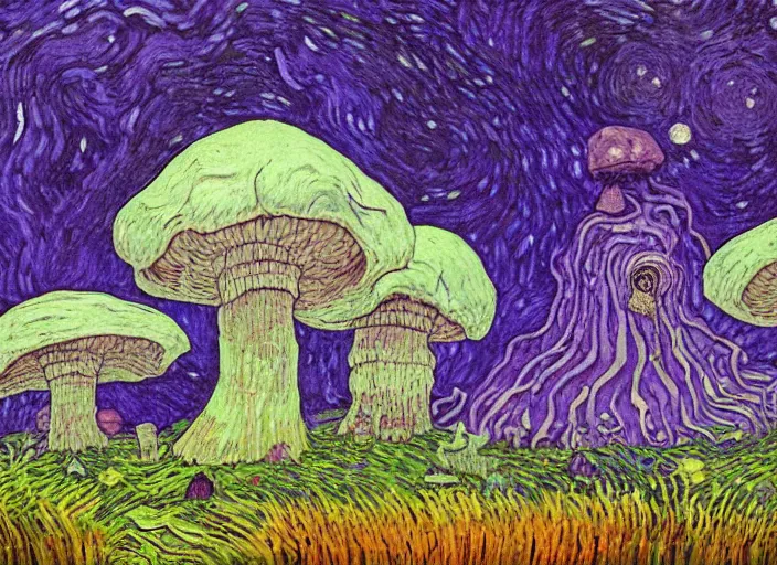 Prompt: detailed painting of a fungal house made of a giant purple mushroom, mystical dark purple landscape at night, dark purple sky, blue bioluminescent life, in the style of moebius and studio ghibli and vincent van gogh and claude monet