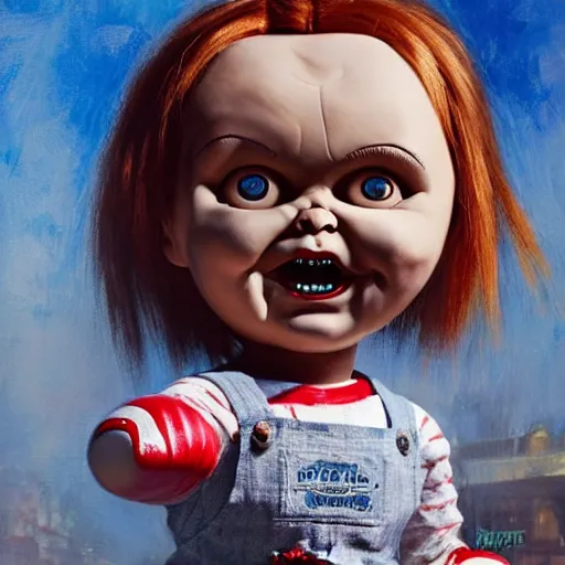 Prompt: the doll chucky in the punching the doll annabelle, epic mma fight, dramatic poses, cinematic, disneyland as backdrop, oil painting, by greg rutkowski