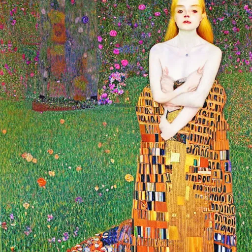 Prompt: a striking hyper real painting of Elle Fanning by Gustav Klimt