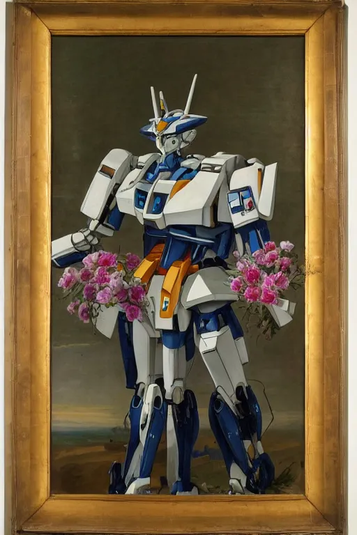 Prompt: a elegant gundam robot with fluo color detail, and muted arm colors, on top of dutch master painting of flowers