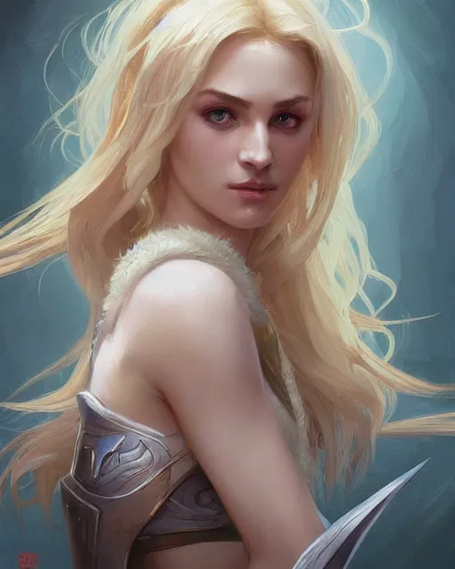 Image similar to '' Portrait of Beautiful blonde Slavic woman, league of legends, LOL, fantasy, d&d, digital painting, artstation, concept art, sharp focus, illustration, art by greg rutkowski and alphonse mucha ''