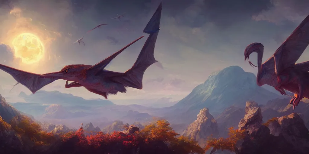 Image similar to ultra realistic colorful pterodactylus beautiful dreamy landscape, dream, colors, highly detailed, artgerm style, clear, ocatne render, artstation trend, epic art style, greg rutkowski, cinematic, concept art, 8 k hd