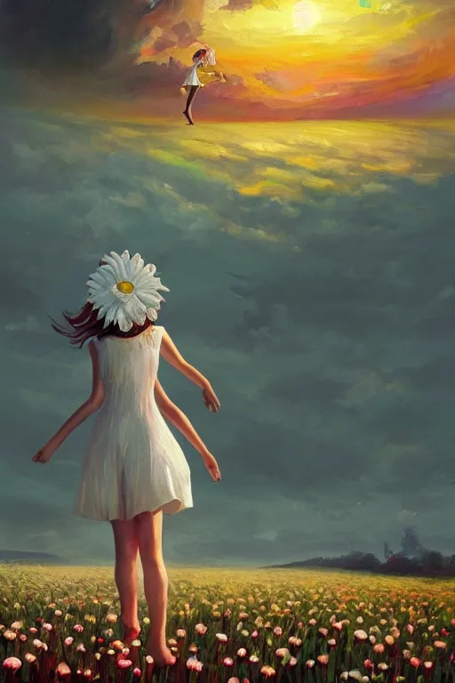 Image similar to giant white daisy flower as head, girl dancing in a flower field, surreal photography, sunrise, dramatic light, impressionist painting, colorful clouds, digital painting, artstation, simon stalenhag