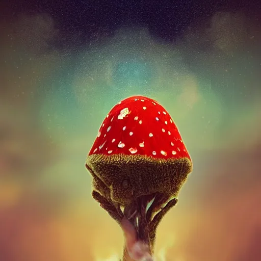 Image similar to amanita muscaria smoking weed, hyperreal, ethereal, realistic, space background
