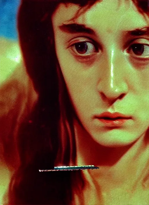 Image similar to 1971 film still from an Italian drama film of a young French actress as the goddess of razor blades. ultra detailed painting at 16K resolution and amazingly epic visuals. epically beautiful image. amazing effect, image looks gorgeously crisp as far as it's visual fidelity goes, absolutely outstanding. vivid clarity. ultra. iridescent. mind-breaking. mega-beautiful pencil shadowing. beautiful face. Ultra High Definition. godly shading. amazingly crisp sharpness. photorealistic film cel processed twice..