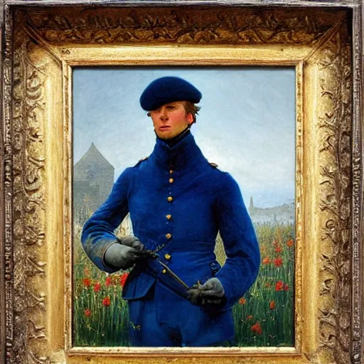 Image similar to an impasto oil painting of a soldier holding a colorful flower painted by caspar david friedrich, blue color scheme