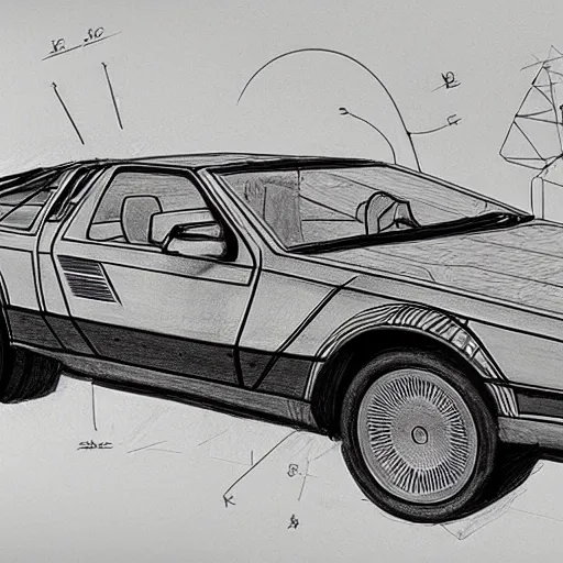 Prompt: dmc delorean car in style of leonardo da vinci sketch diagram
