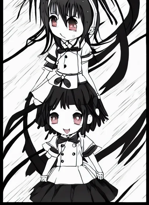 Image similar to manga style, black and white manga, multi - panel kawaii chibi manga, school girl kuudere, by gen urobuchi and yuyuko takemiya, japanese language