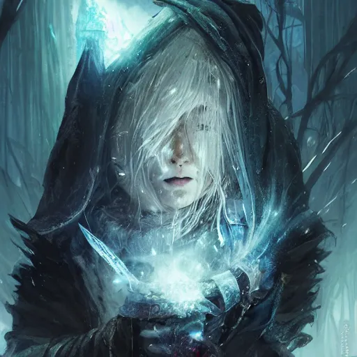 Image similar to hooded witch hunter frost mage ice wizard cold sorcerer portrait render unreal engine illustration, stephan matiniere, anato finnstark, yoshitaka amano, akihiko yoshida, takato yamamoto, ismail inceoglu, shingo matsunuma.