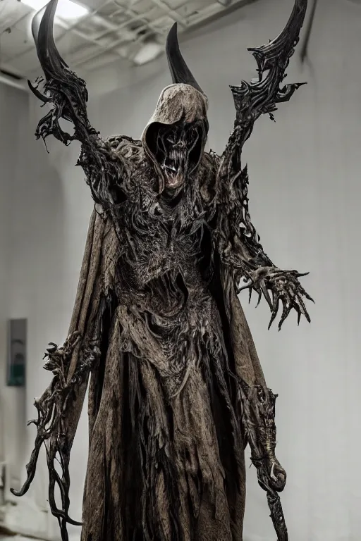 Image similar to photo taken of an epic intricate, ultra detailed, super realistic sculpture of a nightmarish hellish demonic hooded grim reaper sculpture on display in a workshop, created by weta workshop, head shots, photorealistic, sharp focus, f 0. 4, face centred, golden ratio