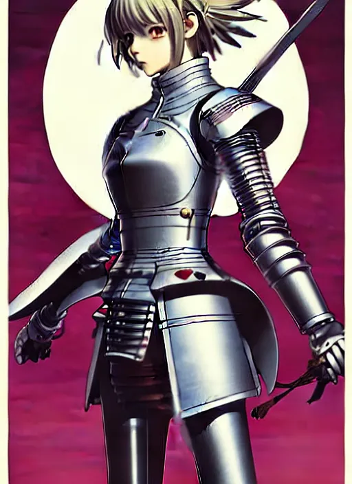 Image similar to katsuhiro otomo, ilya kuvshinov anime female knight in ornate armor, last exile, murata range, fine detail, perfect, dramatic lighting, dynamic composition, art deco, cel shading, vivid, rich texture, alphonse mucha, ( ( ( colorful ) ) ), ( ( ( yoshinari yoh ) ) ),