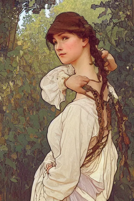 Prompt: beautiful natural coy cottagecore peasant maiden life drawing, intricate, elegant, highly detailed, digital painting, artstation, concept art, smooth, sharp focus, illustration, art alphonse mucha and james gurney