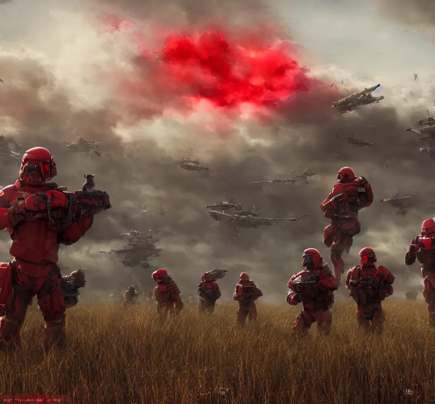 Image similar to red alert troops in real life in field, hd, hdr, ue 5, ue 6, unreal engine 5, cinematic 4 k wallpaper, 8 k, ultra detailed, by popular digital artist, beautiful image, resolution, artstation