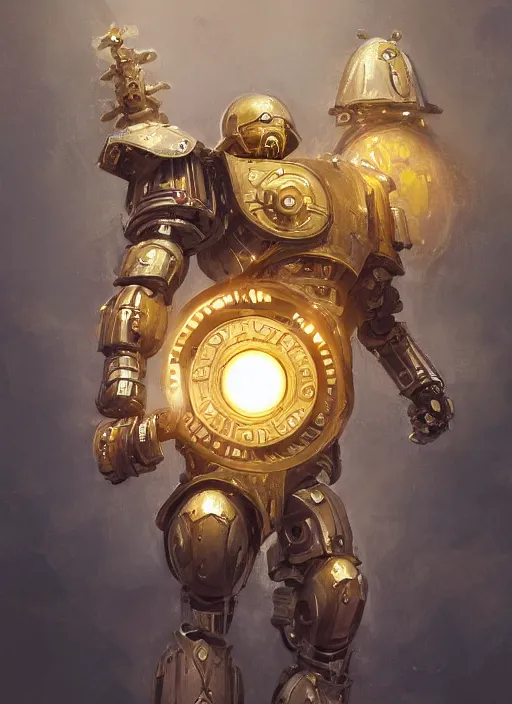 Prompt: full body, attack position abstract portrait of a intricate glorious holy mechanical warforged with circular glowing eye, character in yellow armor holding a paladin engraved great longsword drawn and carrying a big paladin shield, vertically flat head, face in focus, pit droid, epic , trending on ArtStation, masterpiece, cinematic lighting, by Ross Tran and by Greg Rutkowski