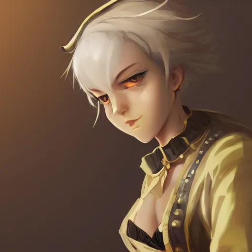 Image similar to a girl with dark skin, yellow eyes, short white hair, wearing steampunk attire, highly detailed, digital painting, artstation, matte, by makoto shinkai, animation style