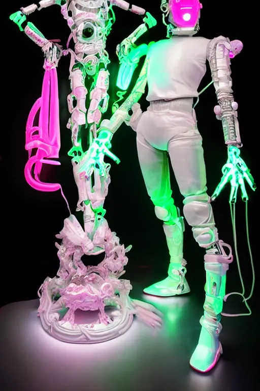 Image similar to full-body rococo and cyberpunk style neon statue of a young attractive futbolero macho dotado e rico android sim roupa reclining con las piernas abertas e la piroca dura, glowing white laser eyes, prince crown of pink gears, diamonds, swirling silver-colored silk fabric. futuristic elements. full-length view. space robots. human skulls. intricate artwork by caravaggio. Trending on artstation, octane render, cinematic lighting from the right, hyper realism, octane render, 8k, depth of field, 3D