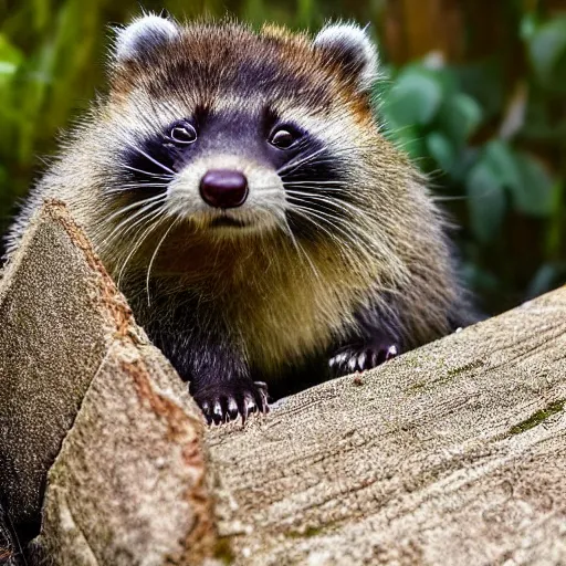 Prompt: award winning photograph of a mix of a nezumi and a tanuki; newly discovered species makes its debut on the cover of nature; found in a remote village in japan, the cute critter is half rat half tanuki and was caught on camera for the first time