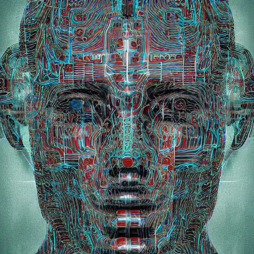 Prompt: a machine becoming conscious, digital art