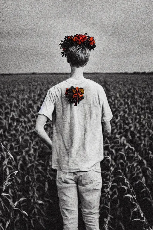 Prompt: agfa vista 4 0 0 photograph of a skinny blonde guy standing in a dark cornfield, flower crown, back view, grain, moody lighting, moody vibe, telephoto, 9 0 s vibe, blurry background, vaporwave colors!, faded!,