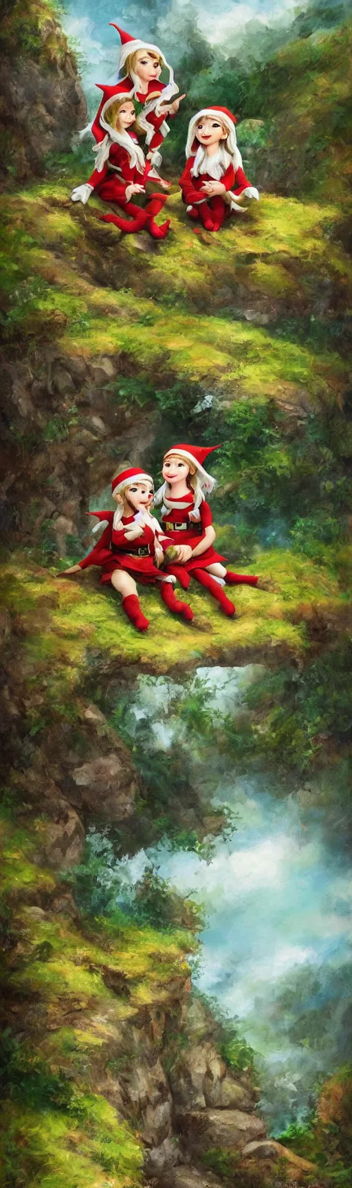 Image similar to a splash painting of a cute elf and dwarf sitting on the edge of a hill, beautiful nature, beautiful landscape