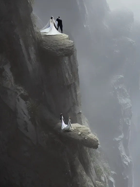 Prompt: bride and groom, high symmetry, intimacy, realism, intricate abstract, elegant, looking down a cliff, short perspective, neutral colors, dark lighting, by artstation, by greg rutkowski