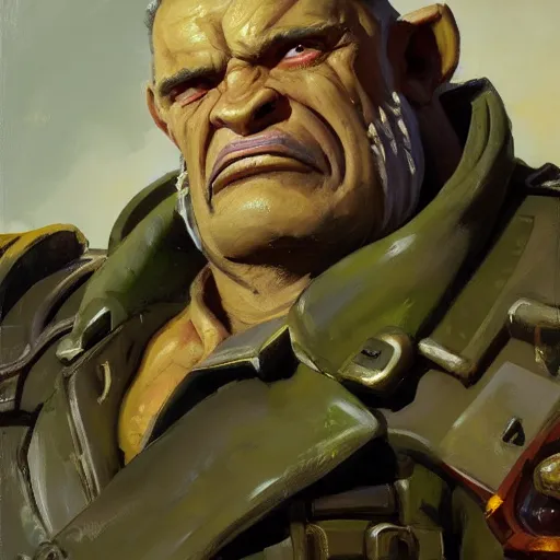 Prompt: greg manchess close - up portrait painting of a ruggedly handsome old dieselpunk orc general with olive green skin as an overwatch character sitting in his office, organic painting, sunny day, matte painting, bold shapes, hard edges, street art, trending on artstation, by huang guangjian and gil elvgren and sachin teng