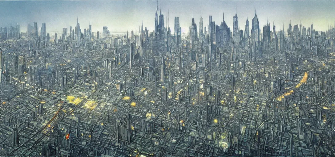Image similar to Futuristic landscape of New York City in the year 2050 by Alan Lee