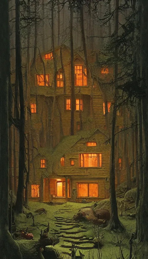 Image similar to cozy home in the woods moody lighting, highly detailed, painting by zdzisław beksinski and norman rockwell and greg rutkowskiweta studio, and lucasfilm