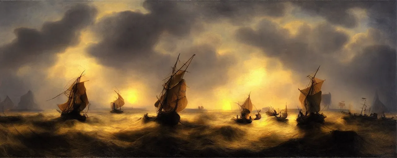 Prompt: rembrandt stormy sea boat painting golden hour sunset dramatic