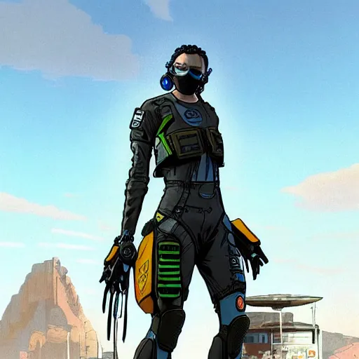 Prompt: Hosea. Apex legends cyberpunk pilot in jumpsuit. Concept art by James Gurney and Mœbius.