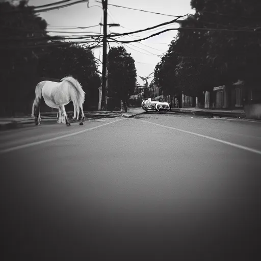 Prompt: a wandering horse left on the street, dark smoke in the background, filthy streets, broken cars. Vines growing. Jpeg artifacts. Trending on flickr. Samyang/Rokinon Xeen 50mm T1.5