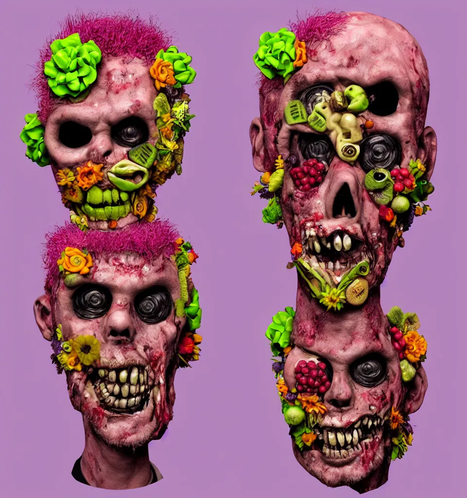 Prompt: portrait headshot of a zombie punk, head made of fruit and flowers in the style of arcimboldo, glenn fabry, photorealistic, dynamic lighting, action figure, clay sculpture, claymation, pink and purple splotchy background