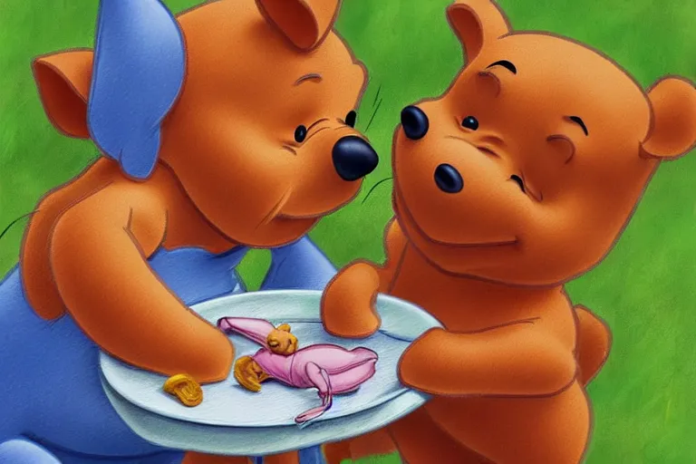 Image similar to winnie the pooh and piglet eating spare ribs, digital art, high detail, hyper realistic,