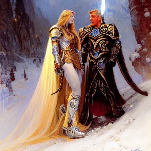 Image similar to attractive fully clothed arthas menethil confesses his love for his attractive fully clothed paladin uther lightbringer. highly detailed painting by gaston bussiere and j. c. leyendecker 8 k