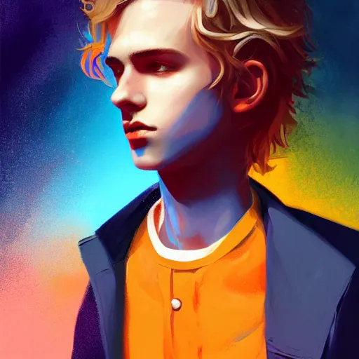 Image similar to colorful and Festive Captivating young boy with wavy blonde hair, navy blue jacket and blue shorts. rich vivid colors, ambient lighting, dynamic lighting, 4k, atmospheric lighting, painted, intricate, highly detailed by Charlie Bowater