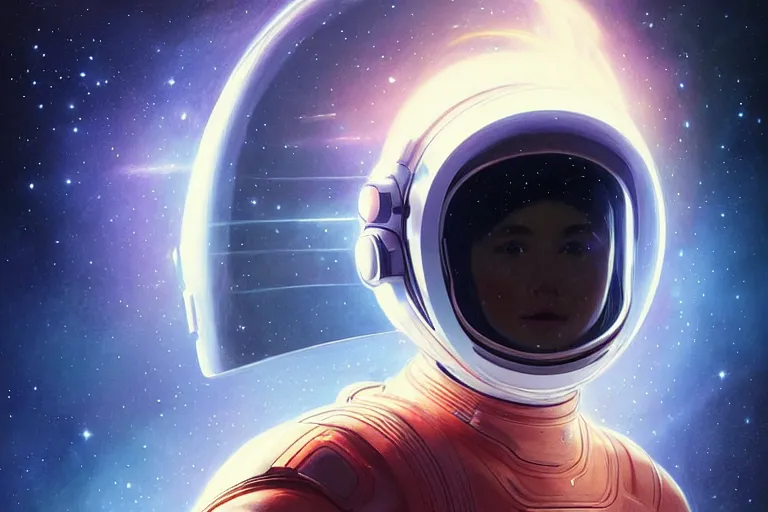 Image similar to Portrait of a Futuristic reflective spacesuit visor mirror spacesuit reflecting a nebula supernova in space, portrait, elegant, intricate, digital painting, artstation, concept art, smooth, sharp focus, illustration, art by artgerm and greg rutkowski and alphonse mucha