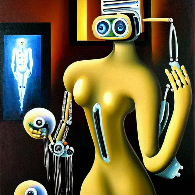 Image similar to a beautiful painting cyberpunk robot venus of milos, bathroom by salvador dali realistic oil painting