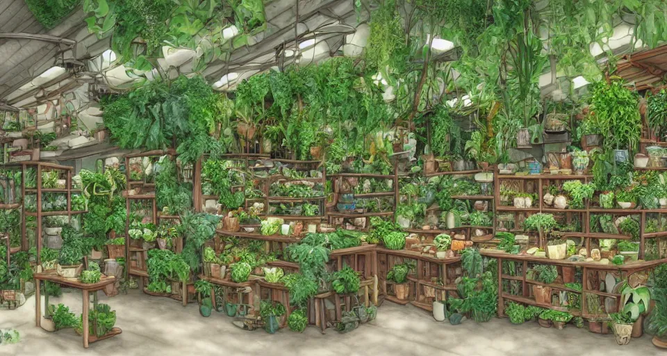 Prompt: plants shop, counter, ferns and vines, highly detailed, sharp focus, matte painting, by studio ghibli, by giovani magana,