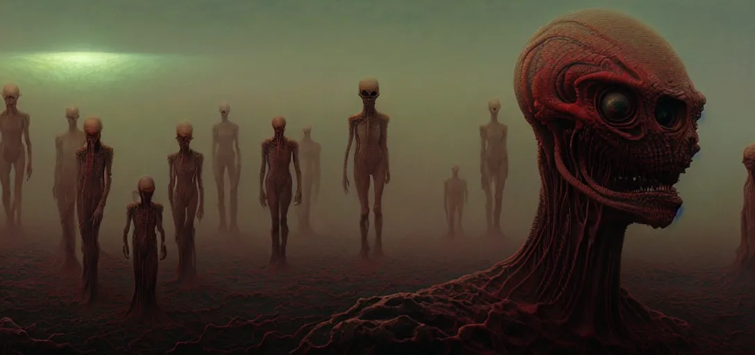 Image similar to hellish translucent alien creatures with realistic human faces and skin on an alien world, artstyle zdzisaw beksinski and greg rutkowski, very intricate details, high resolution, 4 k