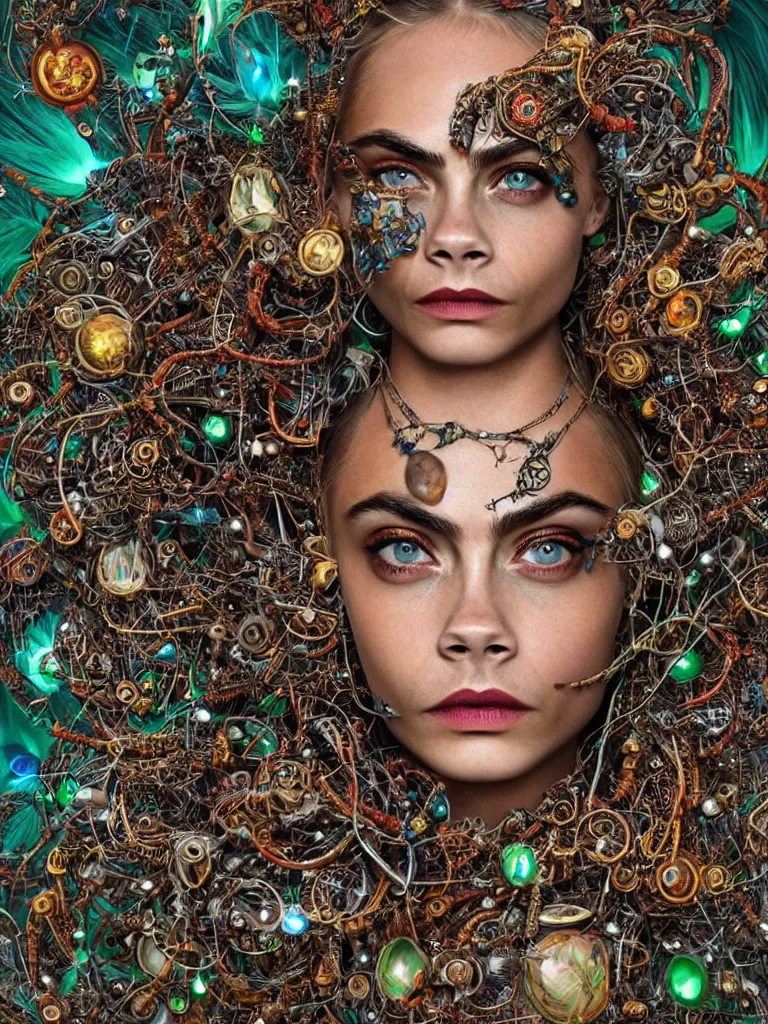 Image similar to a photo real centered image of cara delevingne beautiful tribal goddess surrounded by intertwining bio - mech tendrils made of machine and robot parts and gemstones and leaves and feathers and incense smoke, full body, gorgeous face, perfect face, powerful, by james jean, by ross tran, 3 d, cinema 4 d render, trending on artstation, octane render, 8 k