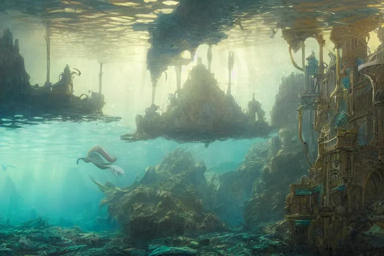 Image similar to a scenic landscaping view of the lost and abandoned city of Atlantic under water, ray of sunlight, mermaids in distance, Greg Rutkowski, Moebius, Mohrbacher, Mucha, blue and gold color scheme, ultra wide angle, ultra detailed, light effect