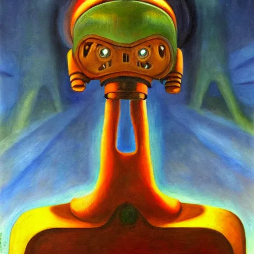 Prompt: alien robot shaman, dystopian, pj crook, edward hopper, oil on canvas