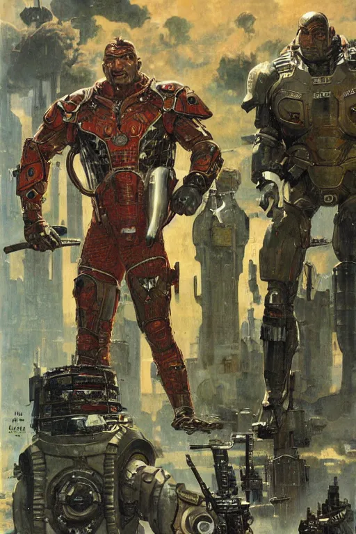 Image similar to portrait of hulking giant dave bautista in futuristic scifi battle armour by norman rockwell