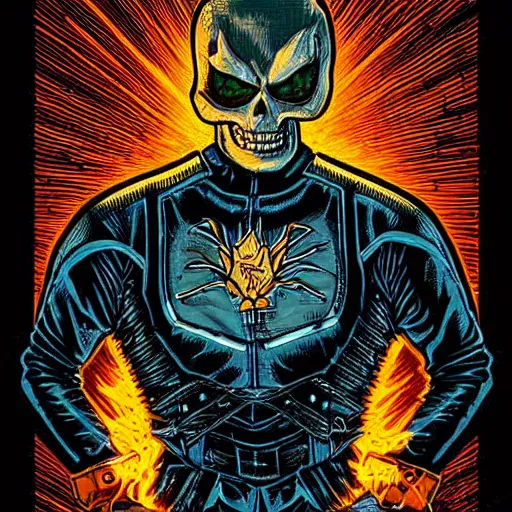 Image similar to an intricate vintage headshot of ghost rider by Dan Mumford