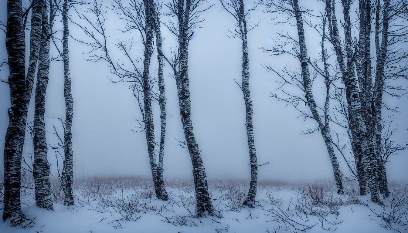 Prompt: winter, blizzard, highlands, birch swamp, dark, atmospheric, scary, ambient vibe, very detailed, winter, 8 k