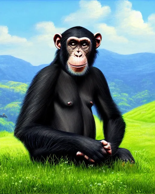 Prompt: very detailed high resolution illustration portrait of a chimpanzee, rolling green hills, 3 d, 8 k, extremely detailed, artstation