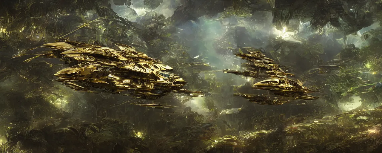 Image similar to a futuristic scientific flying steampunk fighter ship elegant, smooth, ornate with gold trimmings, by Craig Mullins and Scott Robertson, large steampunk space port inside a lush rainforest background by Dylan Cole and federico pelat, cinematic dappled lighting, hyper detailed hyper detailed, 8k, ultra realistic, cinematic lighting, ultra wide 35mm lens