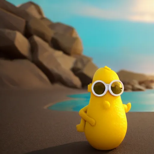 Prompt: a super cute cartoon network lemon character, it's is relaxing on a beach, by dalle - 2, octane render, 3 d, volumetric lightening,