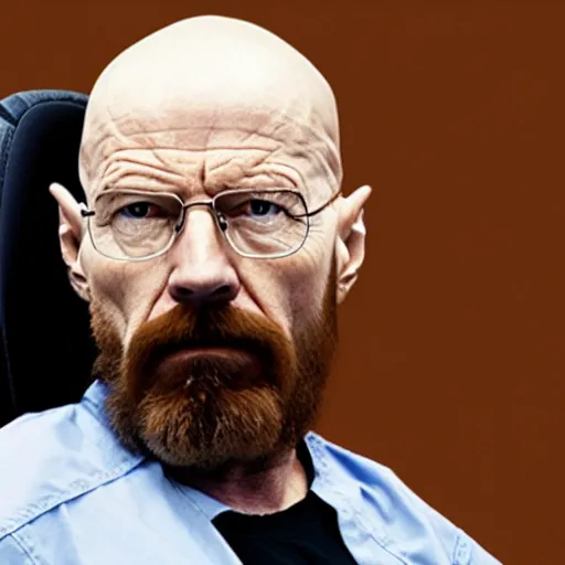 Image similar to walter white with a rough beard, wearing an oxygen mask, sitting in a wheelchair in a courtroom.