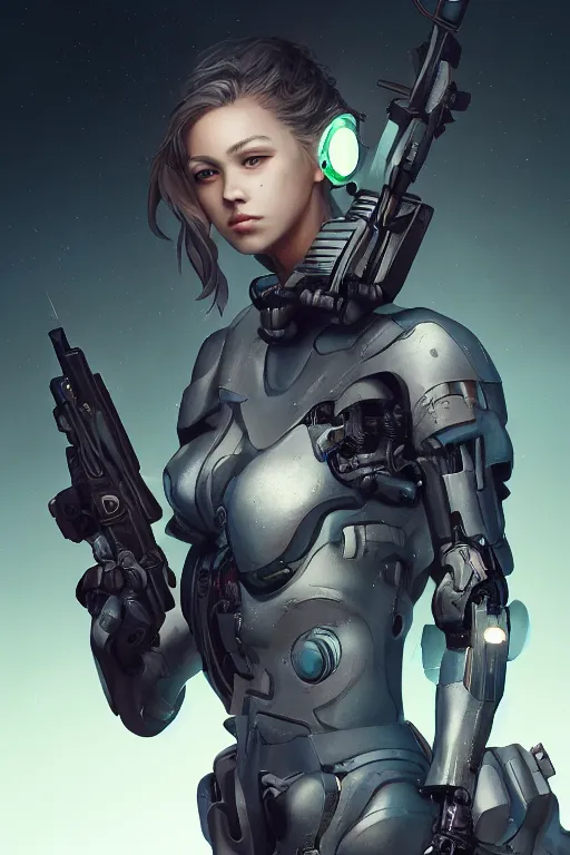 Image similar to beautiful illustration of a cyborg mercenary girl holding a rifle, art by wlop, artgerm, upper body, cyberpunk, neon, elegant, highly detailed, trending on artstation, sharp focus, caustics, octane render, radiant light, 4 k